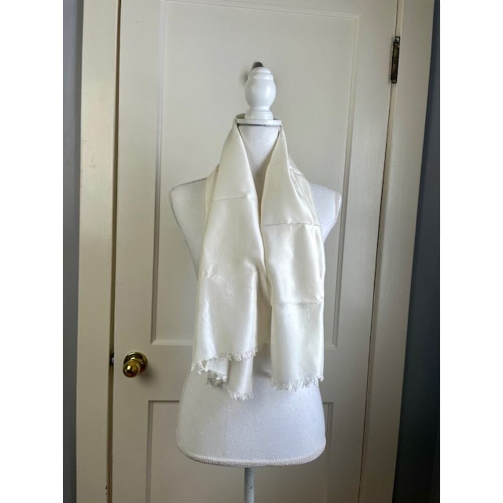 Vintage Ivory Silk Opera Scarf Hand Rolled Fringe Evening Wrap Shawl Old Money